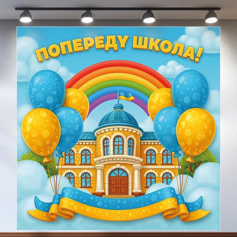 Баннер для фотозоны на выпускной в детском саду "Попереду школа" с радугой и шариками 120х120 см Баннер для фотозоны на выпускной в детском саду "Попереду школа" с радугой и шариками 120х120 см