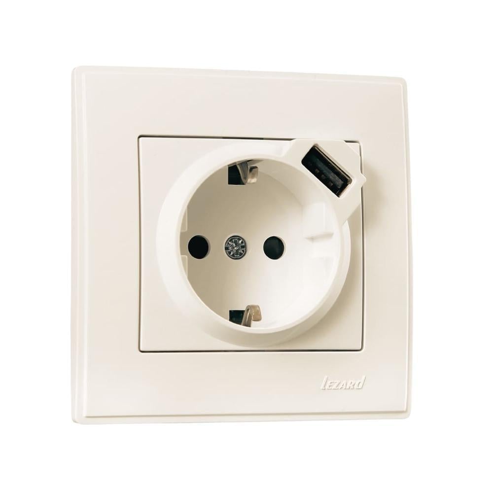 Розетка Lezard Lesya 1-я с заземлением и USB Кремовой Графітовий