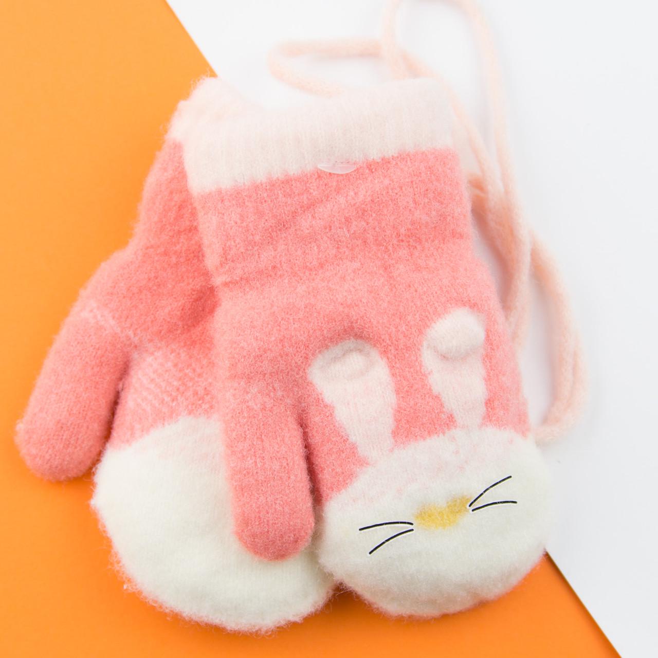 Варежки для малышей зимние с мехом на 1-2 года на веревочке Зайчик 22-25-39 Розовый (DR009966)