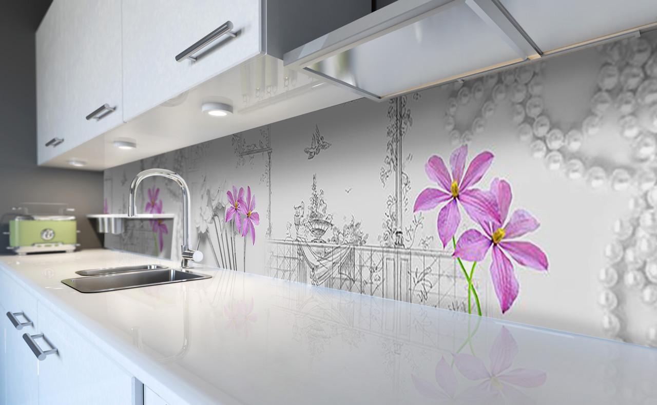 Кухонный фартук Жемчуг фиолетовые цветы из самоклеющейся виниловой пленки 60х250 см Серый