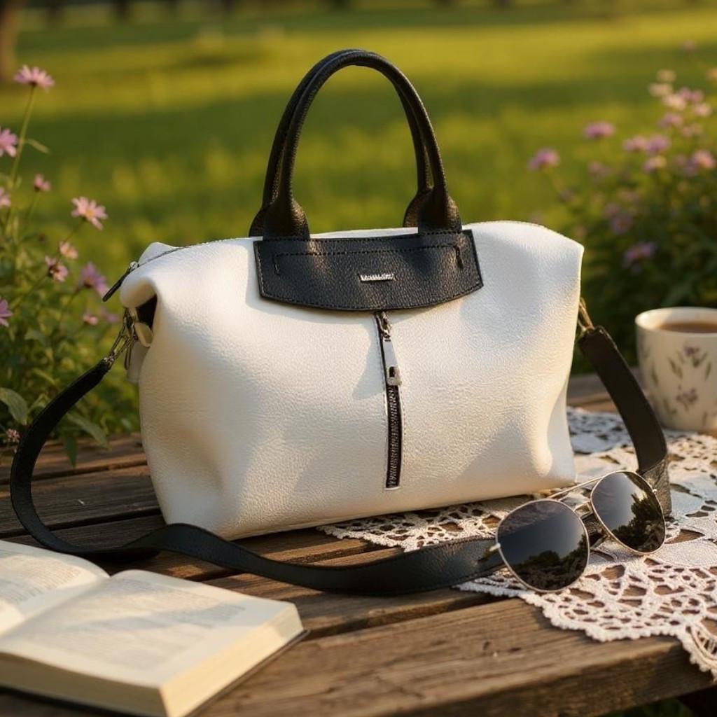 Сумка саквояж женская объемная из экокожи через плечо дорожная вместительная Белый с черным - фото 1 Сумка саквояж женская объемная из экокожи через плечо дорожная вместительная Белый с черным - фото 1