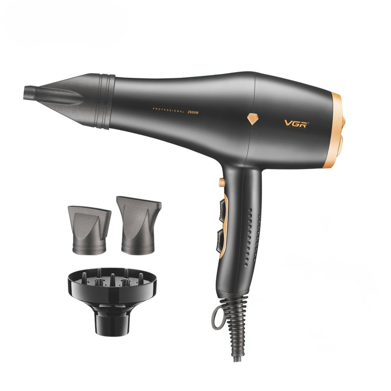 Фен VGR багатофункціональний для сушіння та укладання волосся 3 режими 3 насадки 2600W Чорний (9373237936)