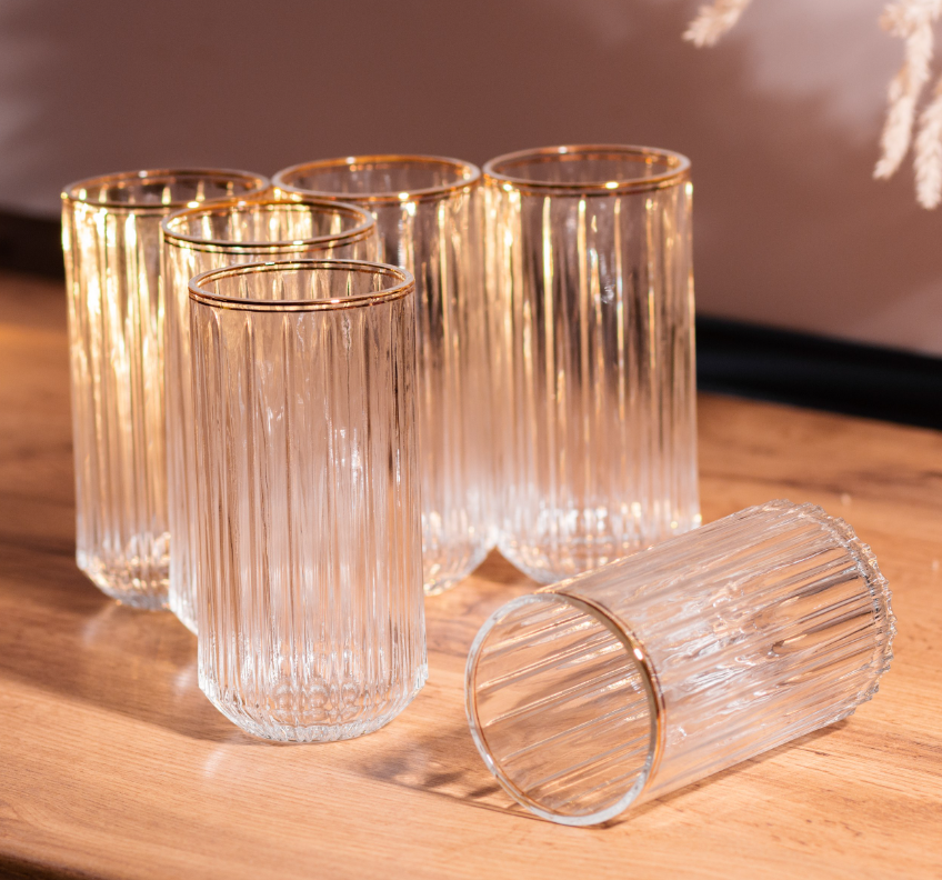 Набор стаканов Lirmartur высоких фигурных 6 шт по 380 мл с декором Прозрачный/Золотой - фото 4 Набор стаканов Lirmartur высоких фигурных 6 шт по 380 мл с декором Прозрачный/Золотой - фото 4