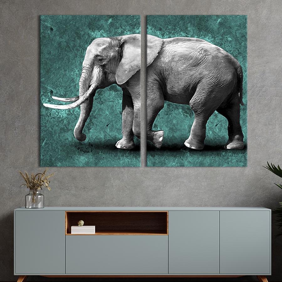 Модульная картина на холсте Диптих Слон на бирюзовом фоне 71x51 см (196-2)