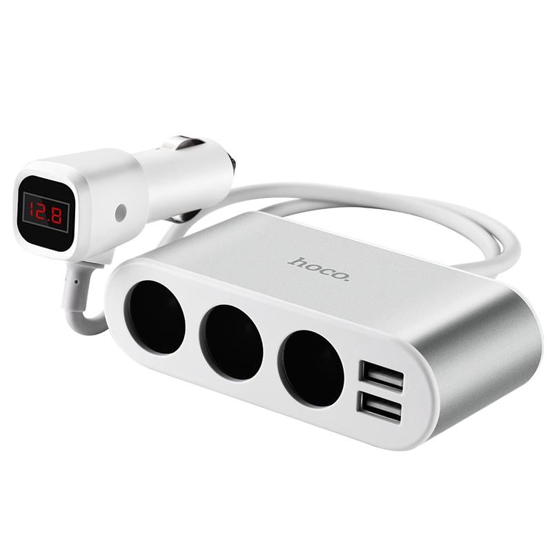 Разветвитель прикуривателя Hoco Z13 LCD one-pull-three car charger Silver (24837)