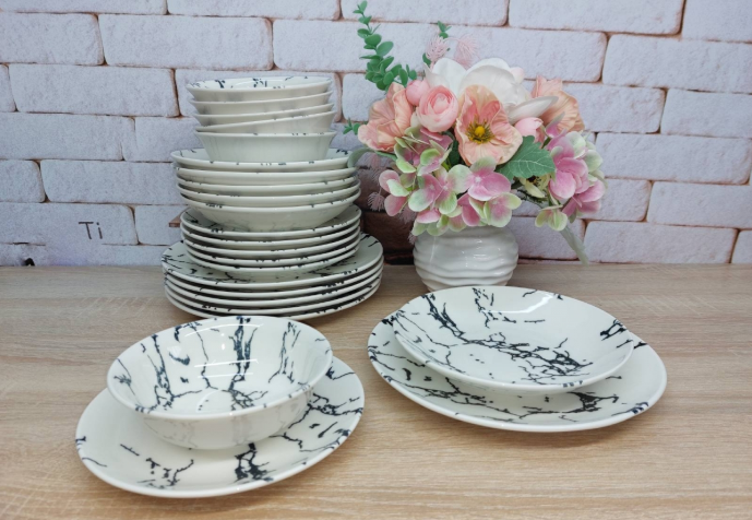 Сервиз столовый OMS TULU фарфор 6 персон 24 шт. Черно-белый (KL24-Marble Black)