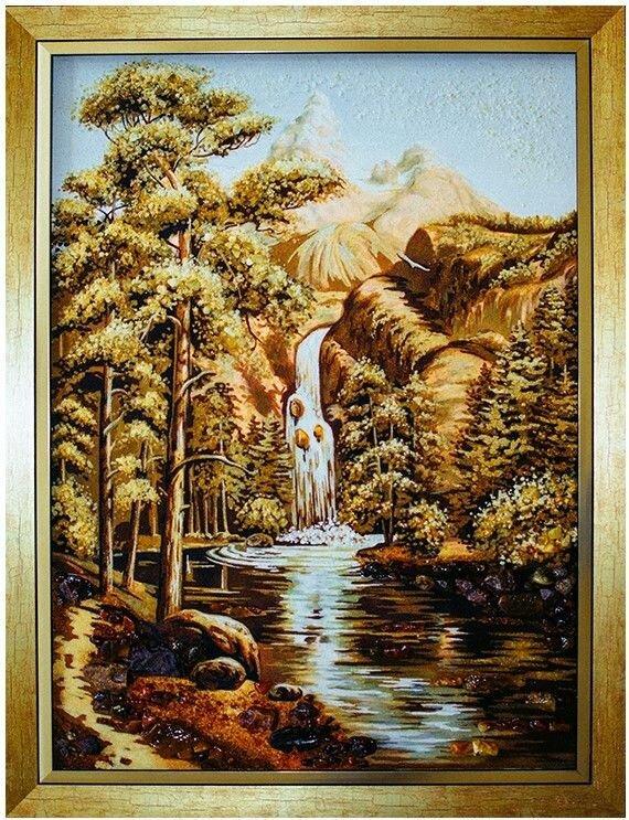 Картина Горный водопад в зелени из янтаря 20х30 см (К0177-20х30)