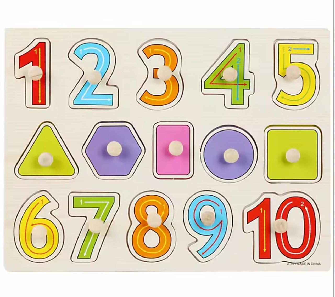 Іграшка для малюків Цифри 1–10 та геометричні фігури дерев'яний пазл-вкладиш з ручками (39)