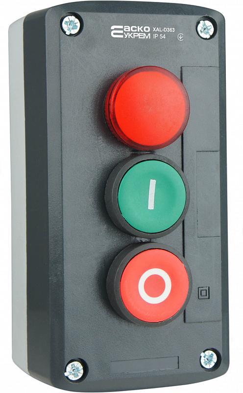 Пост кнопочный трехместный АСКО-УКРЕМ Пуск-Стоп-Сигнальная лампа XAL-D363 (A0140020068)