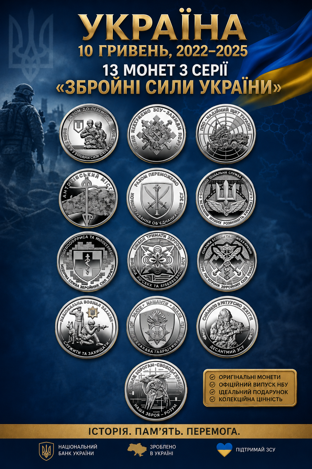 Монети 10 гривень Україна 2022-2025 р. з серії "Збройні Сили України" 13 шт. (10ЗСУ2225-13)