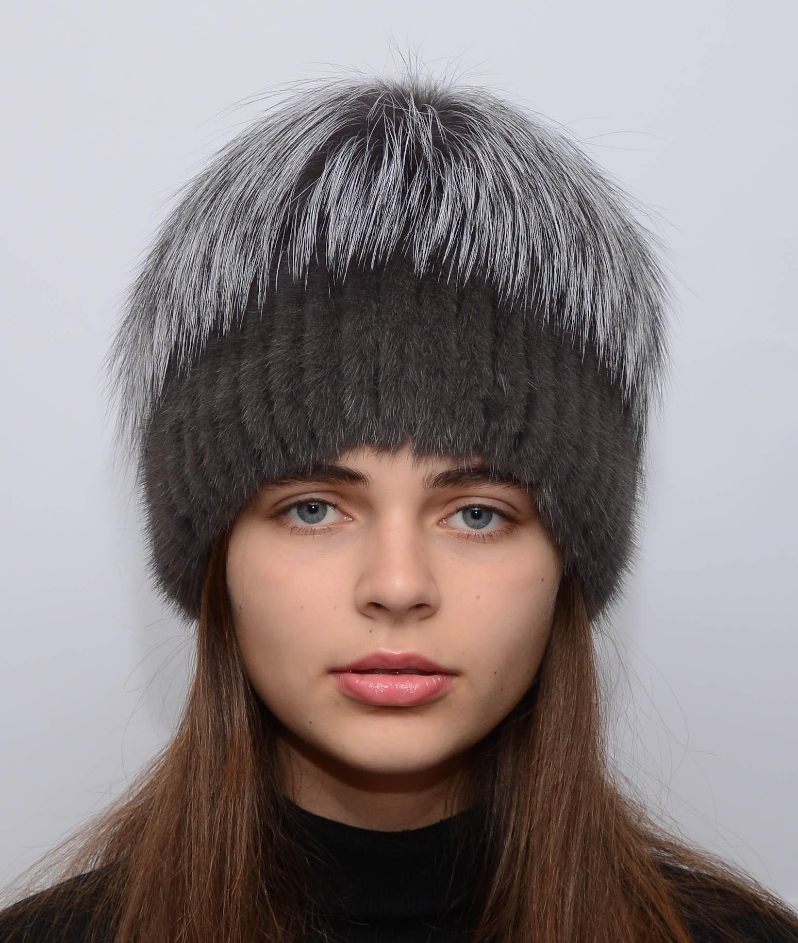 Зимова шапка Хутряний стиль Зірочка із в'язаної норки натуральне хутро Графіт (100/В)