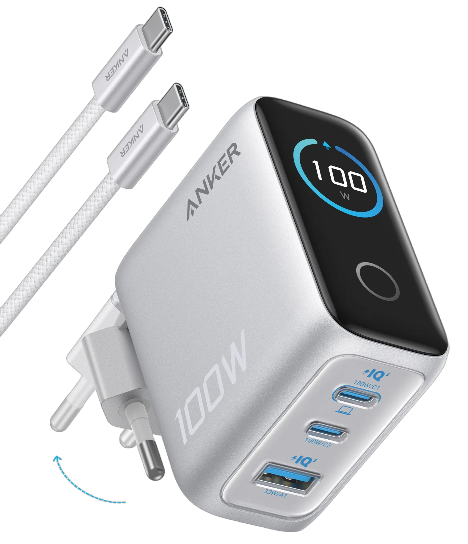 Зарядний пристрій мережевий Anker GaN Charger 100W 2xUSB-C PD & 1xUSB-A w Display and Cable Silver (UG-B121BG41)