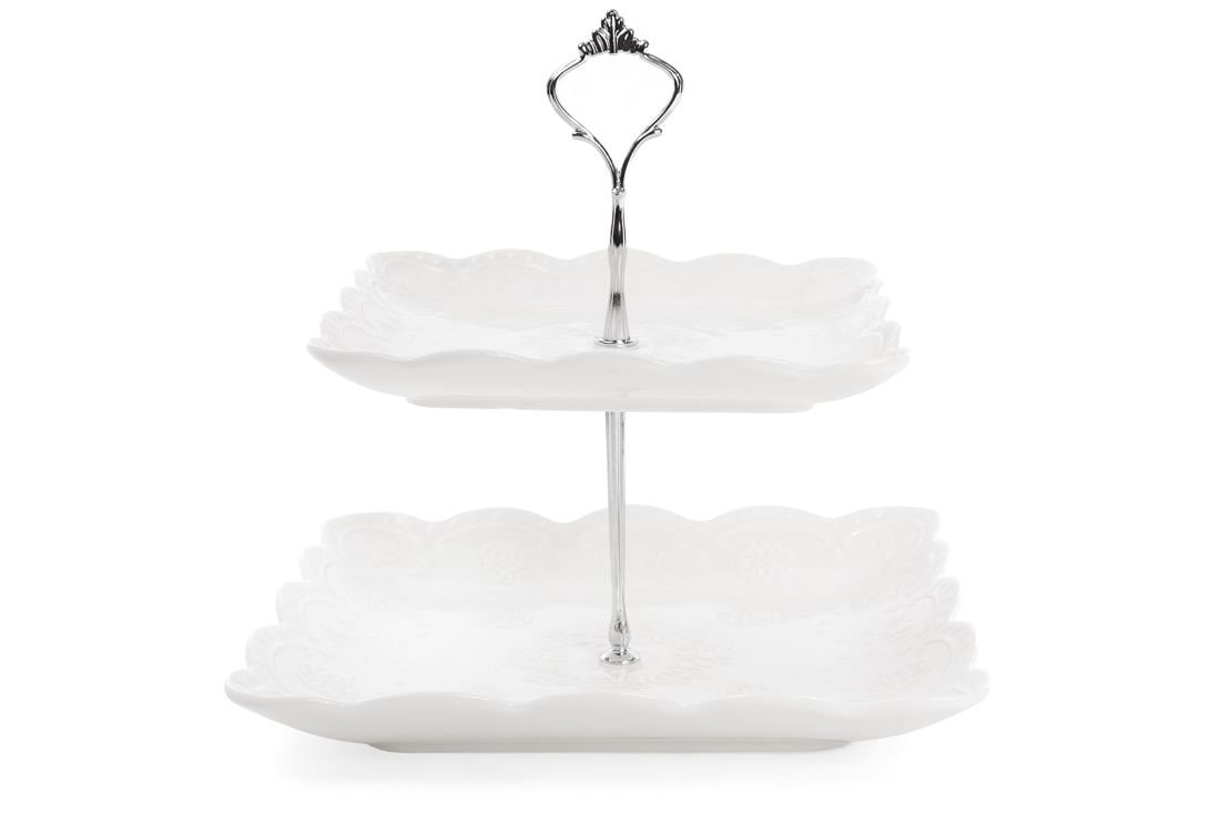 Фруктовница фарфоровая двухъярусная квадратная BonaDi Кружево 25 см (988-138)