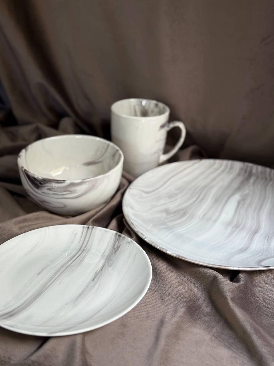 Столовый сервиз YIWU Marmor из фарфора 24 предмета на 6 персон Белый с серым MD-24-2G (30111415) - фото 2