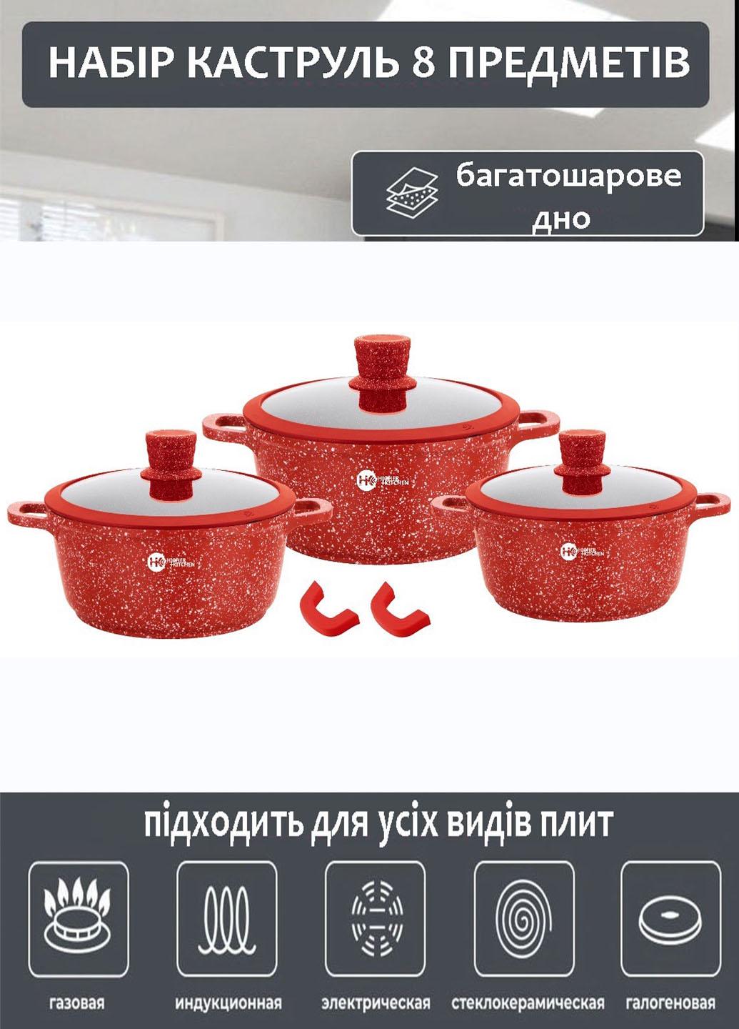 Набір каструль з кришками Higher Kitchen HK 325 із гранітним антипригарним покриттям 8 предметів 20/24/28 см Червоний (325АА) - фото 2 Набір каструль з кришками Higher Kitchen HK 325 із гранітним антипригарним покриттям 8 предметів 20/24/28 см Червоний (325АА) - фото 2