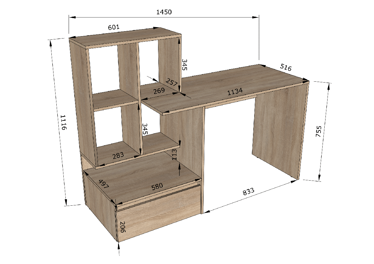 Компьютерный стол с полками и ящиком 1450x1116x516 мм Дуб сонома/Белый (MR106-s-w) - фото 3