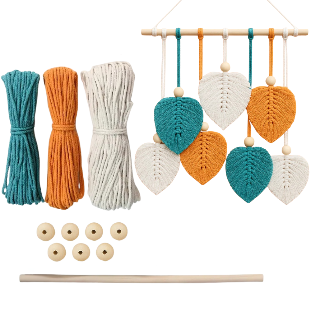 Набор макраме Листья для рукоделия и ручного вязания гобелена настенного декора 37х30 см Бирюзово-оранжевый