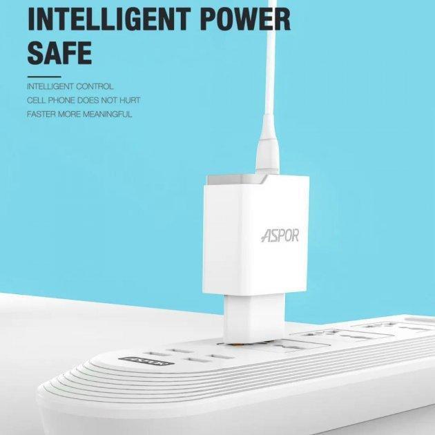Зарядний пристрій мережевий Aspor A823 2USB/2,4A з USB-кабелем Lightning Білий (1858272816) - фото 4 Зарядний пристрій мережевий Aspor A823 2USB/2,4A з USB-кабелем Lightning Білий (1858272816) - фото 4