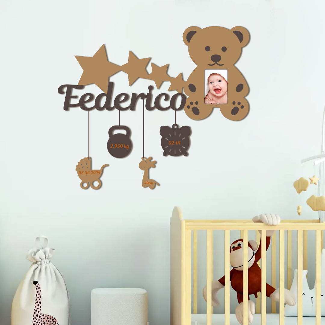 Панно деревянное на стену для спальни детской комнаты для семьи Decart Рамка Мишка 100х70 см рамка 13х18 см элементы 15х15 см