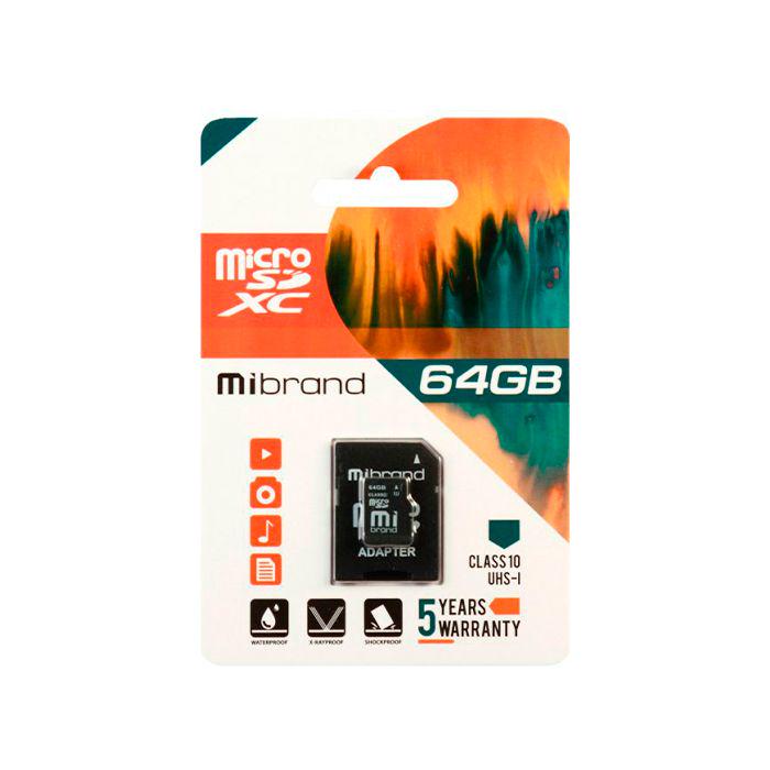 Карта пам'яті MicroSDXC 64 GB Mibrand з функцією швидкого запису Class 10 та SD-адаптером в комплекті (131001)