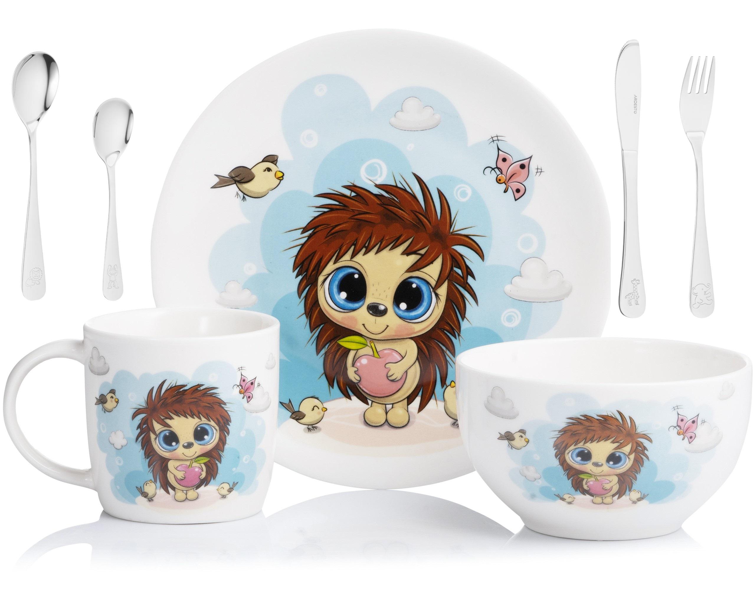 Набор детской посуды с столовыми приборами Ardesto Sweet hedgehog AR3455HS+AR0704AS 7 пр. (2771)