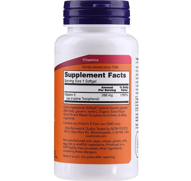 Вітамін E NOW Foods Vitamin E-400 with Mixed Tocopherols 50 Softgels - фото 2