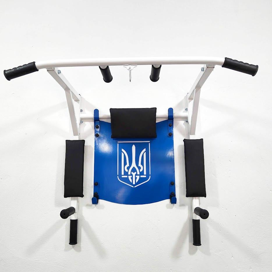 Турнік-бруси SAB настінний розбірний з гумовими ручками/рамкою з гербом та адаптивною спинкою для преса розбірної Білий/Синій (0079)