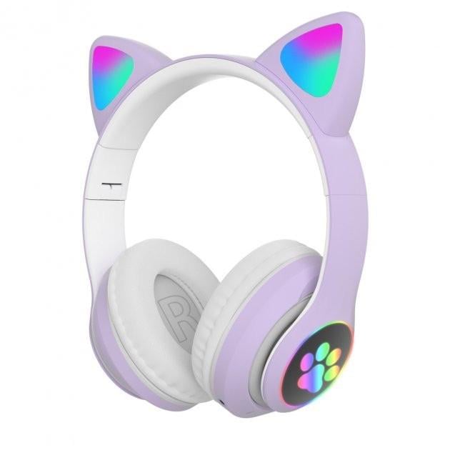 Наушники беспроводные с кошачьими ушками Cat STN-28 Bluetooth с микрофоном LED RGB подсветка Фиолетовый