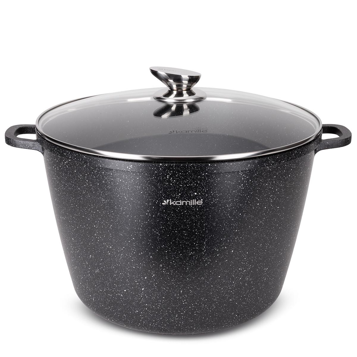 Кастрюля глубокая со стеклянной крышкой и антипригарным покрытием Kamille КМ-4487 из литого алюминия 14 л Черный мрамор (150-84-4487)