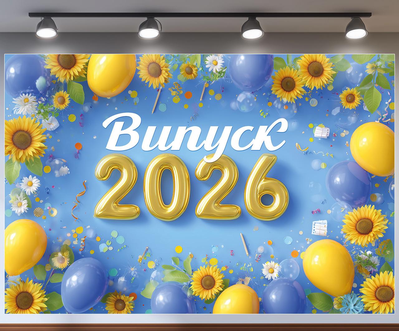 Баннер для фотозоны "Випуск 2026" голубой с подсолнухами и шариками 180x120 см №41376 Баннер для фотозоны "Випуск 2026" голубой с подсолнухами и шариками 180x120 см №41376