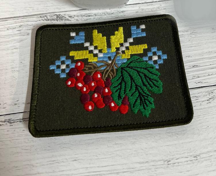 Шеврон нашивка Патріотичний калина з орнаментом 100х80 мм Олива