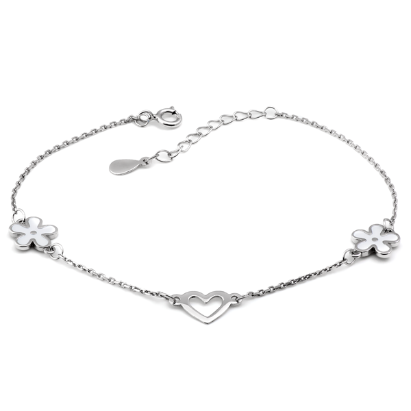 Браслет срібний із серцем і двома квітами з емаллю на тонкому ланцюжку