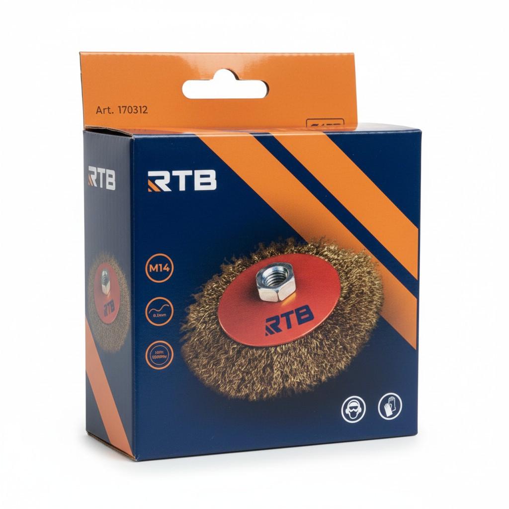 Щетка крацовка коническая RTB для УШМ рифленая латунированная проволока 125 мм (170312)