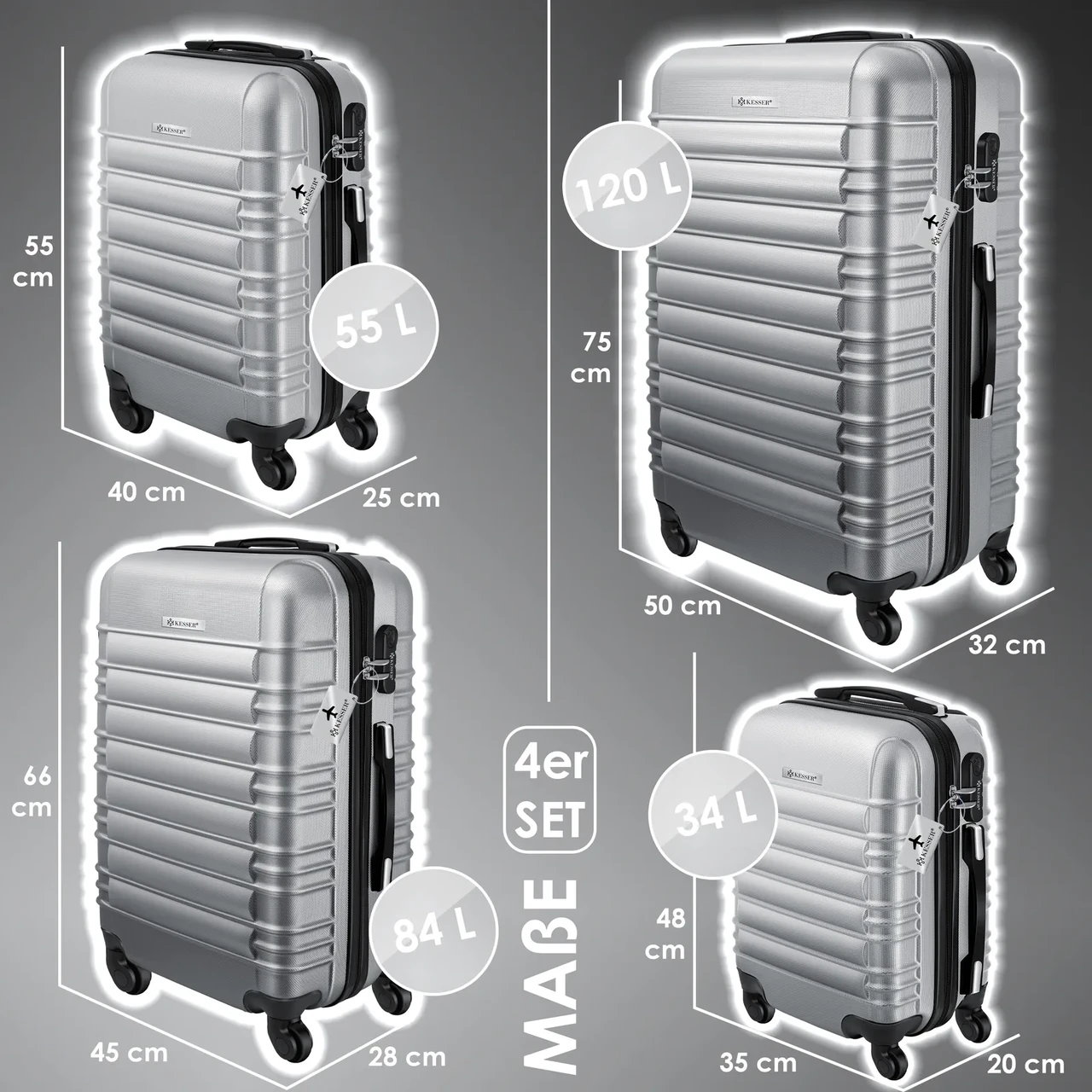 Набір із 4 дорожніх валіз KESSER з твердим корпусом S M/L/XL Срібний - фото 2 Набір із 4 дорожніх валіз KESSER з твердим корпусом S M/L/XL Срібний - фото 2