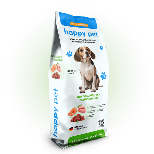 Корм сухой Happy Pet 15 кг для собак средних пород с индейкой говядиной лососем