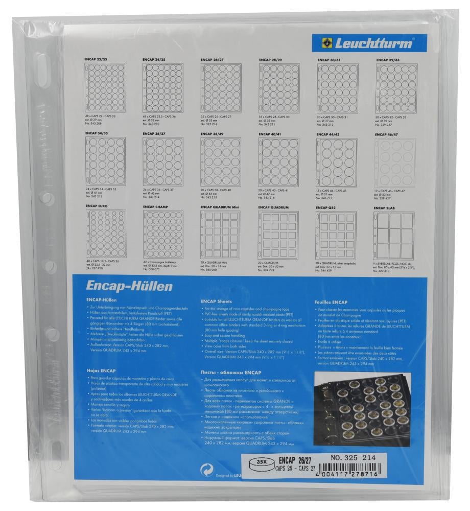 Лист-пластик Leuchtturm для монет от 26 до 27 мм (А00692)