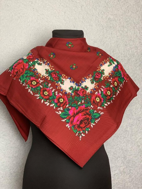 Платок шерстяной Красные цветы Бордовый (29439547)