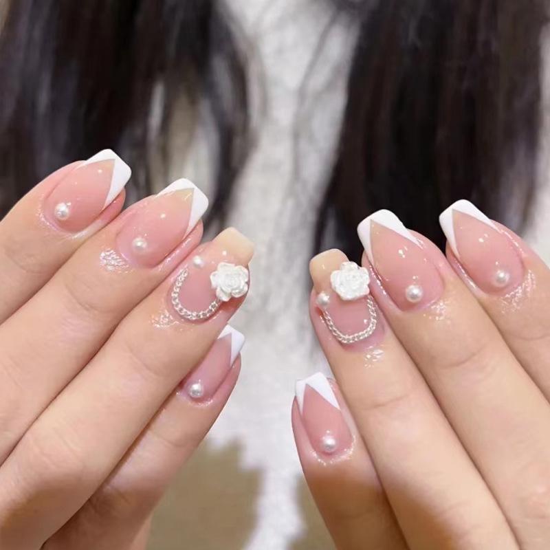 Набор накладных ногтей с жемчужным декором и белым френчем с клеем 24 шт. Bananahall Z476 Розовый (A9751) - фото 2