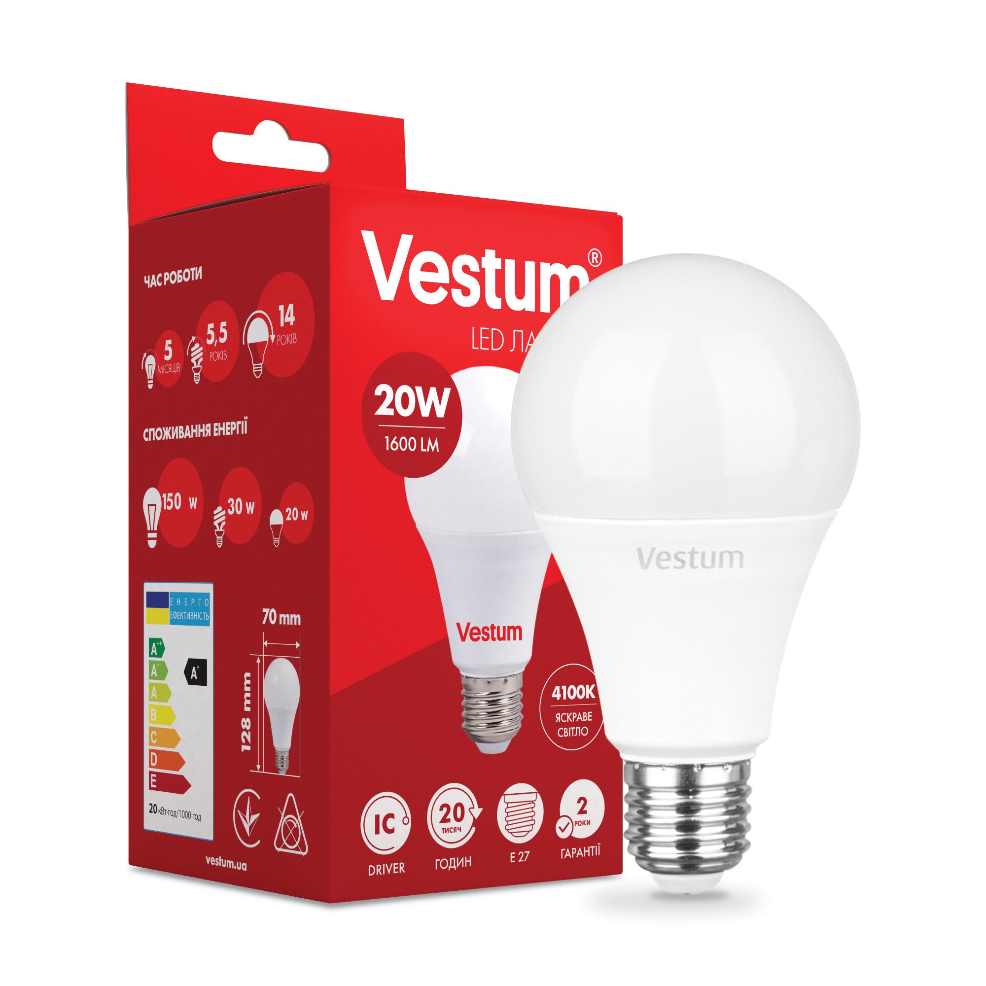 Лампа LED Vestum A70 20 W 4100K 220 V E27