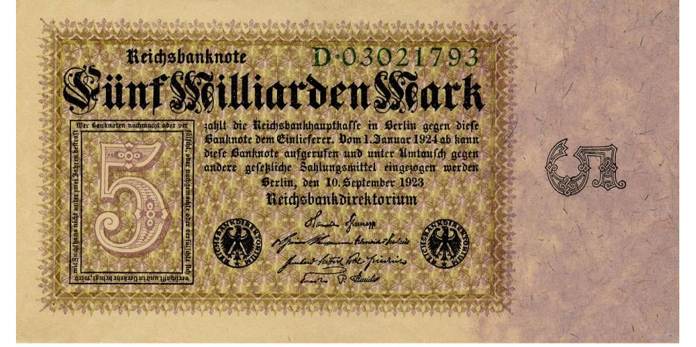 Коллекционная банкнота Германия 5000000000 марок 1923 VF-AU 5 миллиардов (P115a)