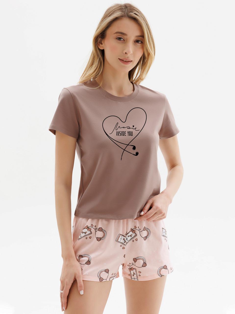 Піжама жіноча Roksana з принтом футболка з коротким рукавом/короткі шортики XS Коричневий (1759/16646)