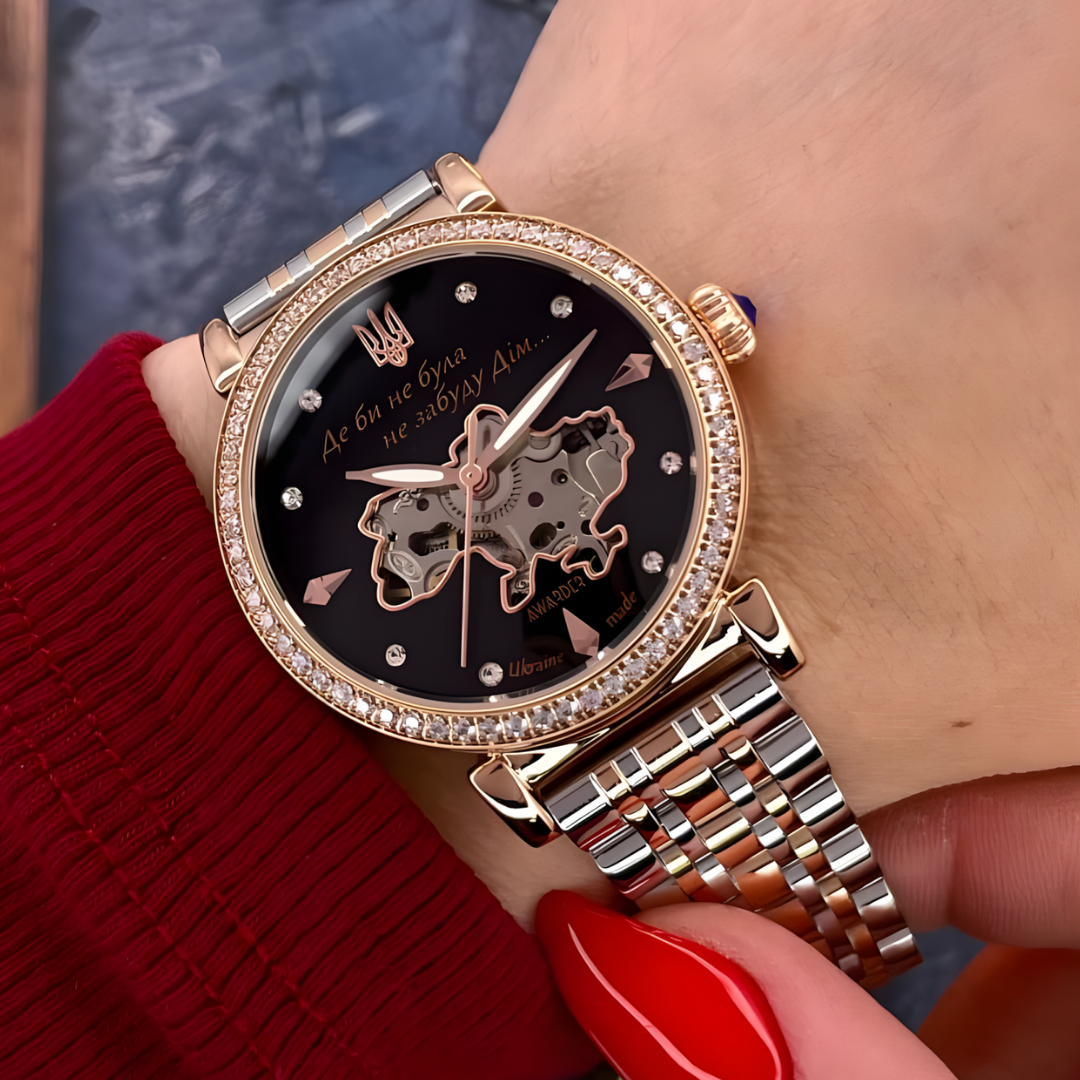 Наручные часы женские Awarder 3D с Гербом Украины патриотические механические со стразами круглые Золотой (1202-0530) - фото 13