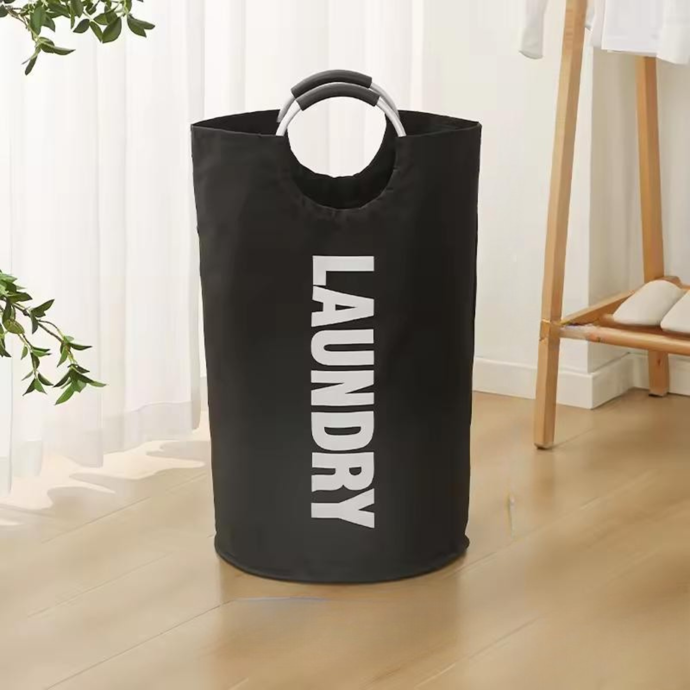 Корзина для белья в ванную комнату тканевая для хранения вещей с алюминиевыми ручками Черный