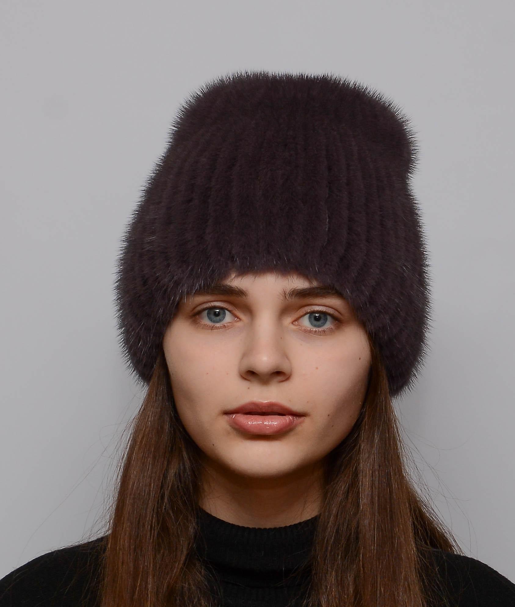 Зимняя шапка-кубанка из вязаной норки Меховой стиль Хвост натуральный мех M-L Чайная роза (109/L)