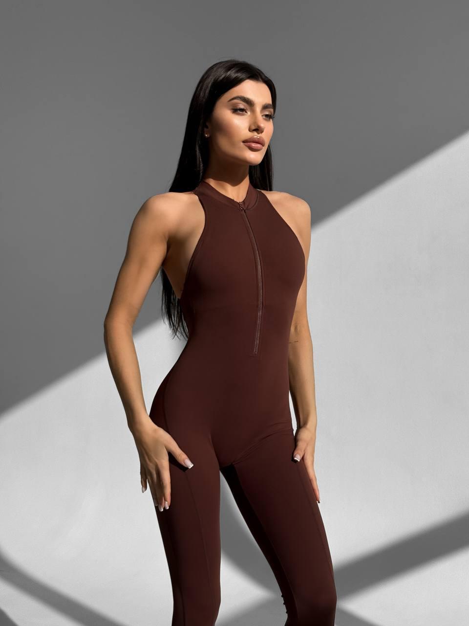 Комбинезон спортивный длинный с чашками и пуш-ап S Шоколадный (WH08S) - фото 2