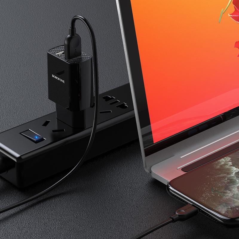 Зарядний мереживний пристрій універсальний Borofone BA53A Powerway 2USB 2,1A з кабелем Lightning Black - фото 7