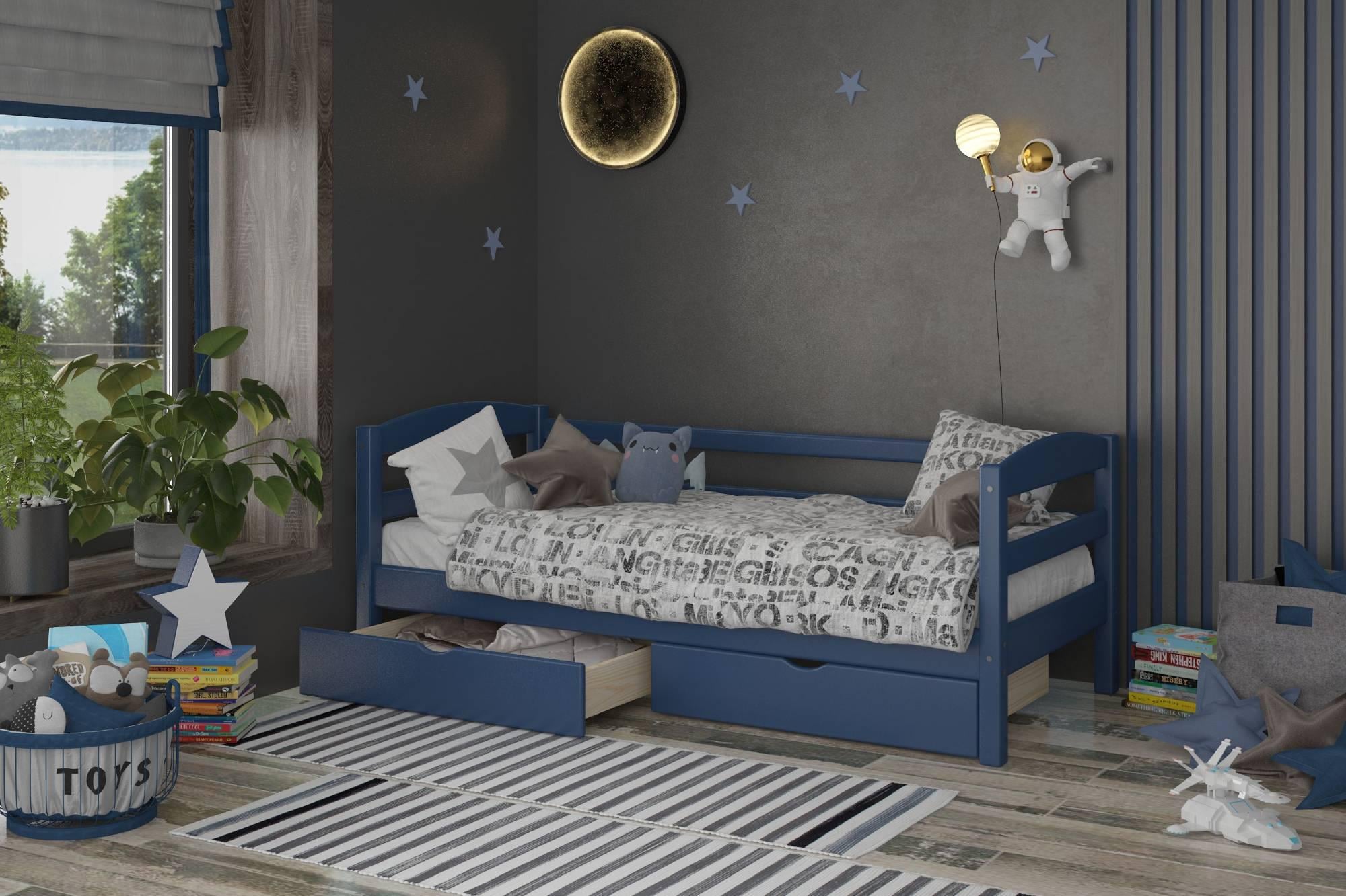 Кровать детская деревянная Mebigrand Чикаго Литл S 7010 R 90B задний бортик/ящики 80x190 см Синий (MBG-2605)