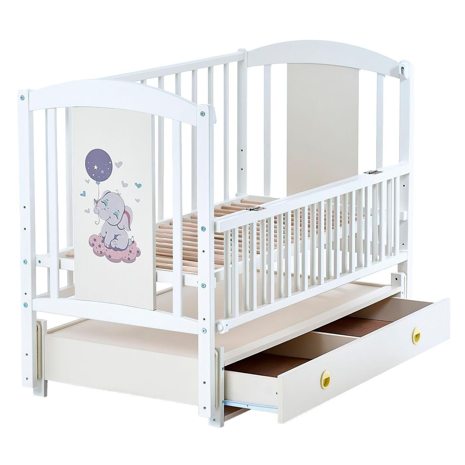 Кроватка деревянная ЛИЛИ Слоник шарнир-подшибник с откидной боковиной White (123582)