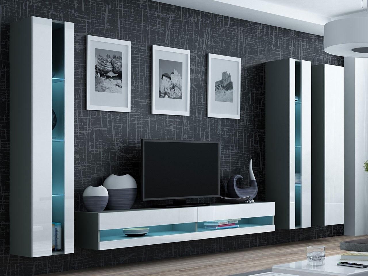 Стенка в гостиную комплект Сama Vigo New 6 из ламинированной ДСП без подсветки Серый матовый/Белый глянец (21998) - фото 3 Стенка в гостиную комплект Сama Vigo New 6 из ламинированной ДСП без подсветки Серый матовый/Белый глянец (21998) - фото 3