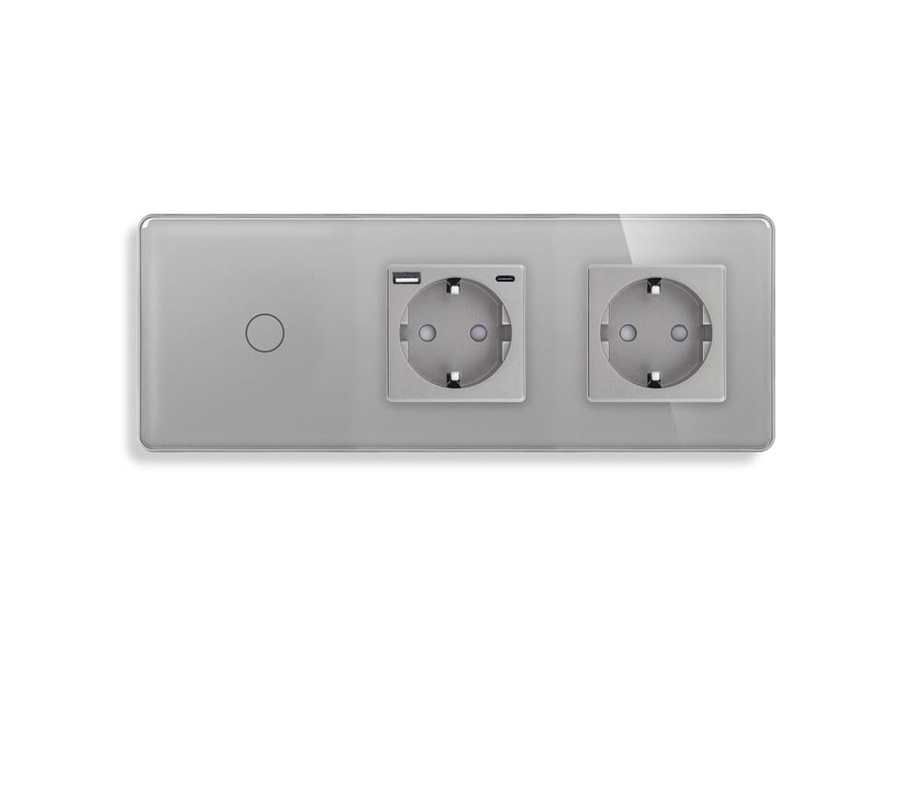 Выключатель сенсорный ELIOS с розеткой USB A+C 20Вт с заземлением/шторками 16А 230В стекло Серый